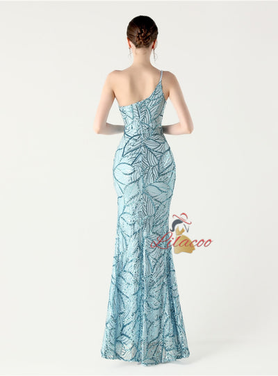 Mermaid One Shoulder Sequins Feather Prom Dress
