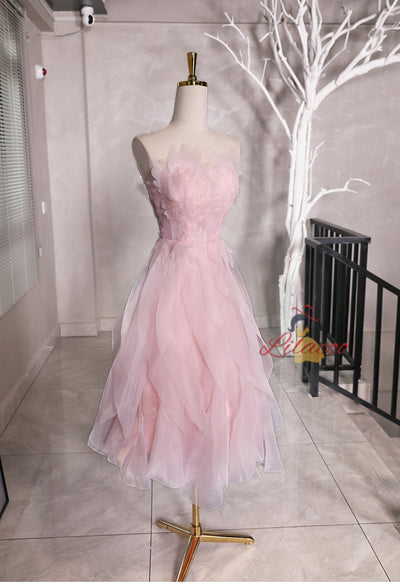 Pink Tulle See Through Neck Short Prom Dress