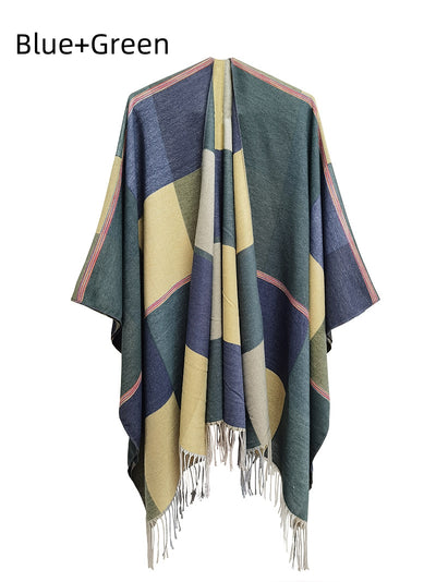 Fringed Double-sided Plaid Split Shawl