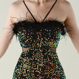 Black Sequins Spaghetti Straps Feather Prom Dress