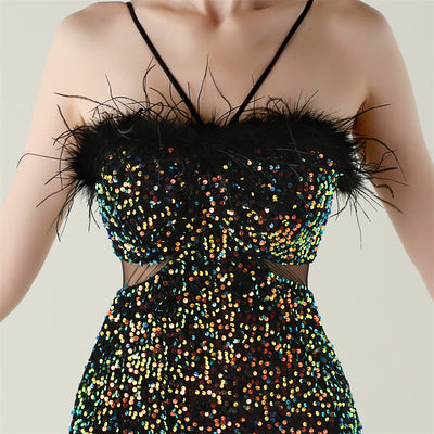 Black Sequins Spaghetti Straps Feather Prom Dress
