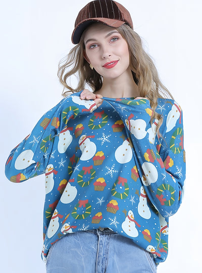 Christmas Snowman Printed Long-sleeved Loose Sweater