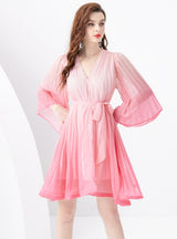 Holiday V-neck Trumpet Sleeve Pleated Gradient Dress