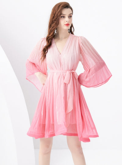 Holiday V-neck Trumpet Sleeve Pleated Gradient Dress