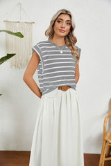 Round Neck Loose Short Sleeve Striped T-shirt