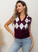 Rhombic Sleeveless Contrast Vest Sweater