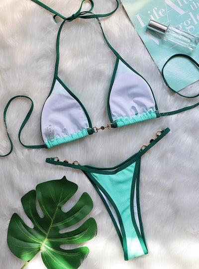 Sexy Patchwork Metal Accessories Pearl Swimsuit