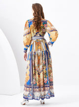 Palace Lapel Lantern Sleeve Long Retro Print Dress