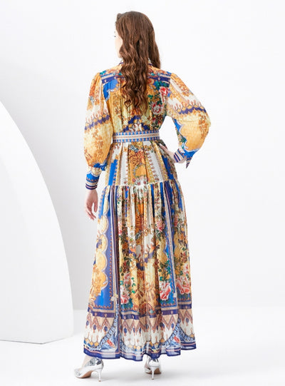 Palace Lapel Lantern Sleeve Long Retro Print Dress