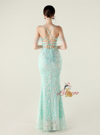 Mermaid Sequins Spaghetti Straps Beading Prom Dress