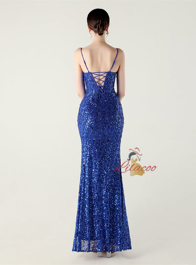 Spaghetti Straps Sequins Split Prom Dress