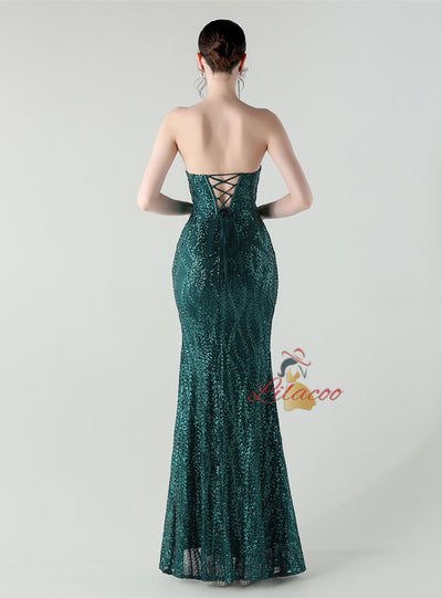 Mermaid Sequins Strapless Split Beading Prom Dress