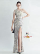 Women One Shoulder Sequins Split Prom Dress
