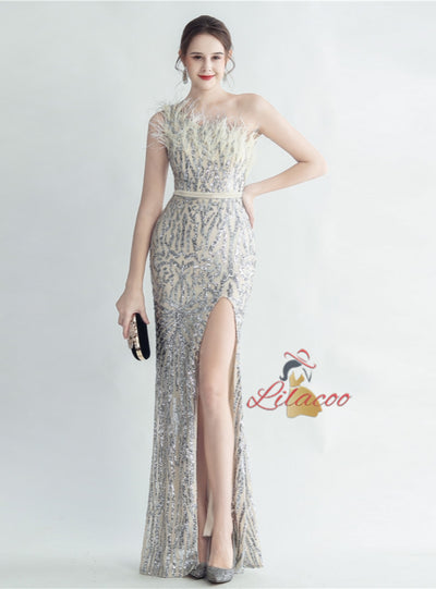 Women One Shoulder Sequins Split Prom Dress