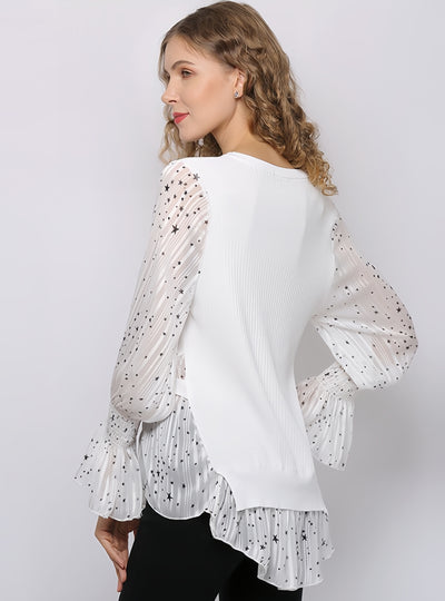 Star Printed Trumpet Sleeve Round Neck Shirt