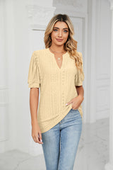 Casual V-neck Hollow Bubble Sleeve Loose T-shirt