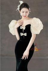 Black Mermaid Velvet Puffy Sleeve Prom Dress