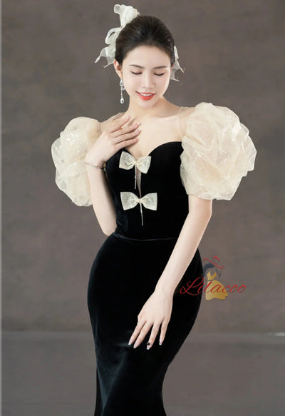 Black Mermaid Velvet Puffy Sleeve Prom Dress