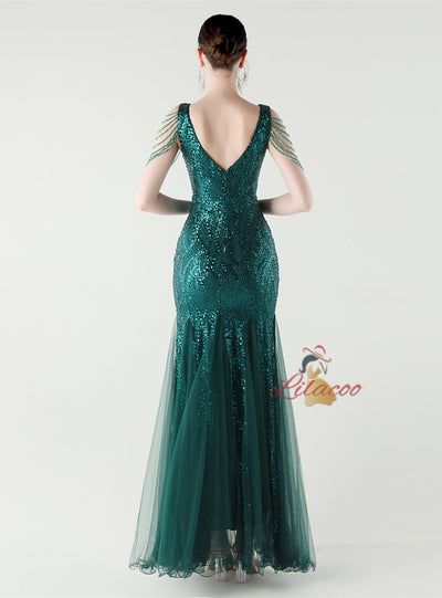 Mermaid Sequins Tulle V-neck Beading Prom Dress