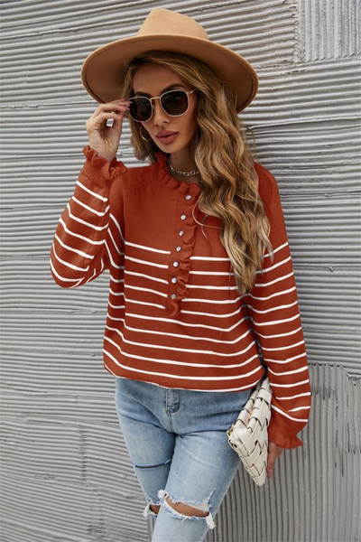 Button Wood Ear Striped Stitching Sweater