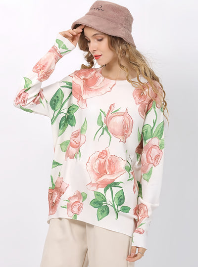Long Sleeve Rose Print Knitted Sweater