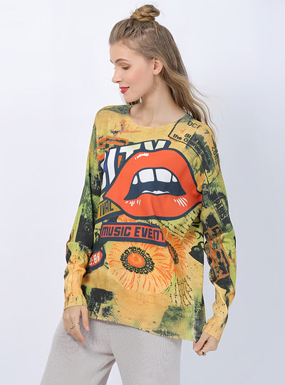 Mouth Printed Pullover Long Sleeve Sweater