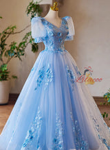 Blue Tulle V-neck Puff Sleeve 3D Flower Prom Dress