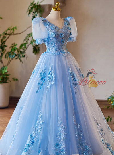Blue Tulle V-neck Puff Sleeve 3D Flower Prom Dress