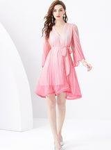 Holiday V-neck Trumpet Sleeve Pleated Gradient Dress
