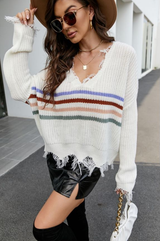 Loose Short V-neck Fringed Sweater