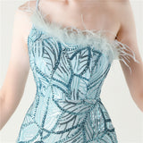 Mermaid One Shoulder Sequins Feather Prom Dress