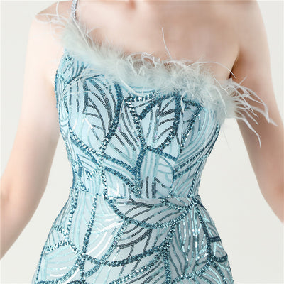 Mermaid One Shoulder Sequins Feather Prom Dress