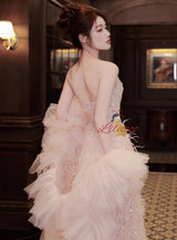 Pink Tulle Sequins Pleats Prom Dress