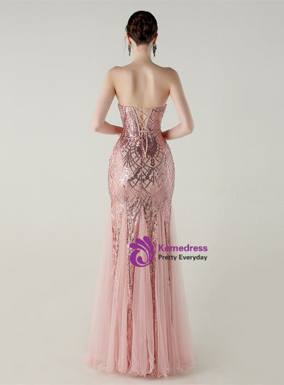 Mermaid Tulle Sequins Strapless Beading Prom Dress