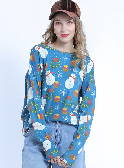 Christmas Snowman Printed Long-sleeved Loose Sweater