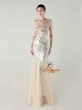 Sequins Tulle Strapless Beading Prom Dress