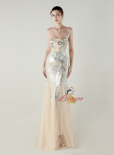 Sequins Tulle Strapless Beading Prom Dress