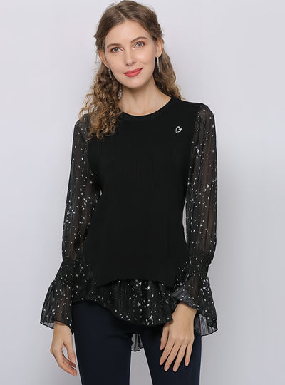 Star Printed Trumpet Sleeve Round Neck Shirt