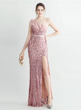 Women One Shoulder Sequins Split Prom Dress