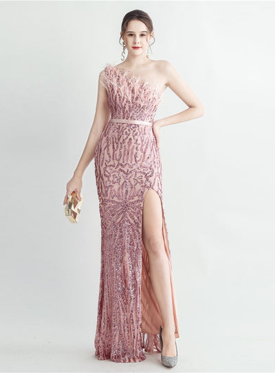 Women One Shoulder Sequins Split Prom Dress