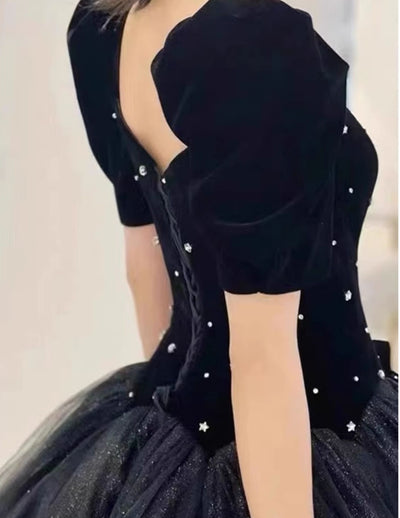 Black Tulle Velvet Puff Sleeve Prom Dress