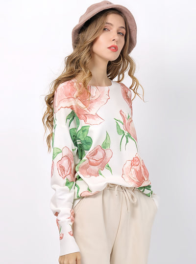 Long Sleeve Rose Print Knitted Sweater