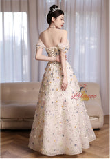 White Tulle Sequins Flower Off the Shoulder Prom Dress