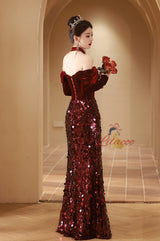 Burgundy Mermaid Sequins Velvet Prom Dress