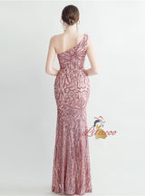 Women One Shoulder Sequins Split Prom Dress
