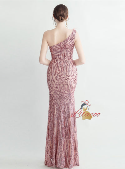 Women One Shoulder Sequins Split Prom Dress