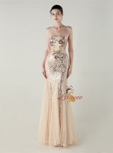 Sequins Tulle Strapless Beading Prom Dress