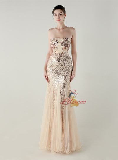 Sequins Tulle Strapless Beading Prom Dress