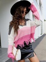 Loose Short V-neck Fringed Sweater