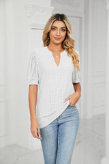 Casual V-neck Hollow Bubble Sleeve Loose T-shirt